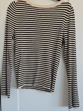 LOFT Black & Cream Striped Ribbed Top